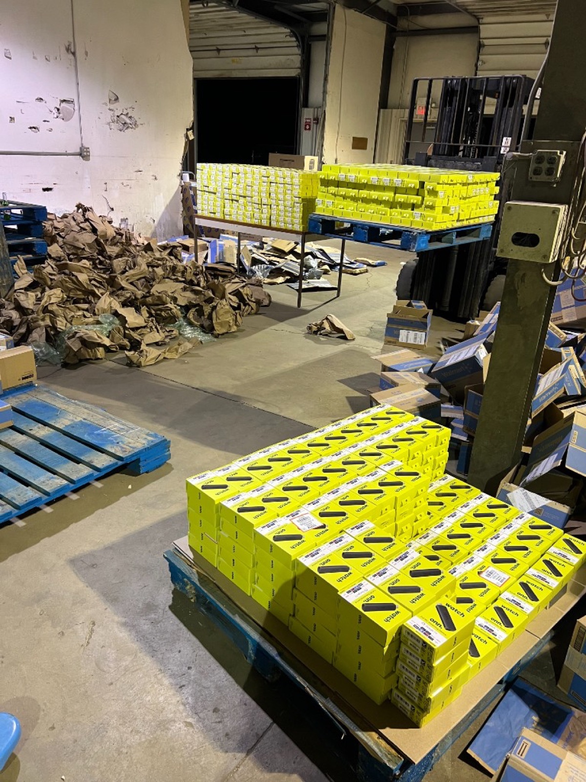 Pallets of streaming devices stacked in Portland, Oregon